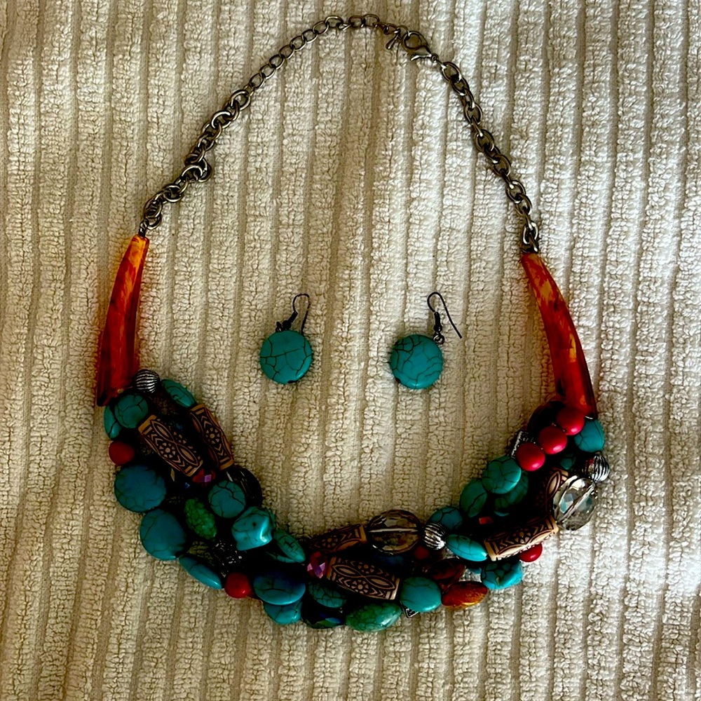Aztec inspired colorful turquoise necklace with earrings